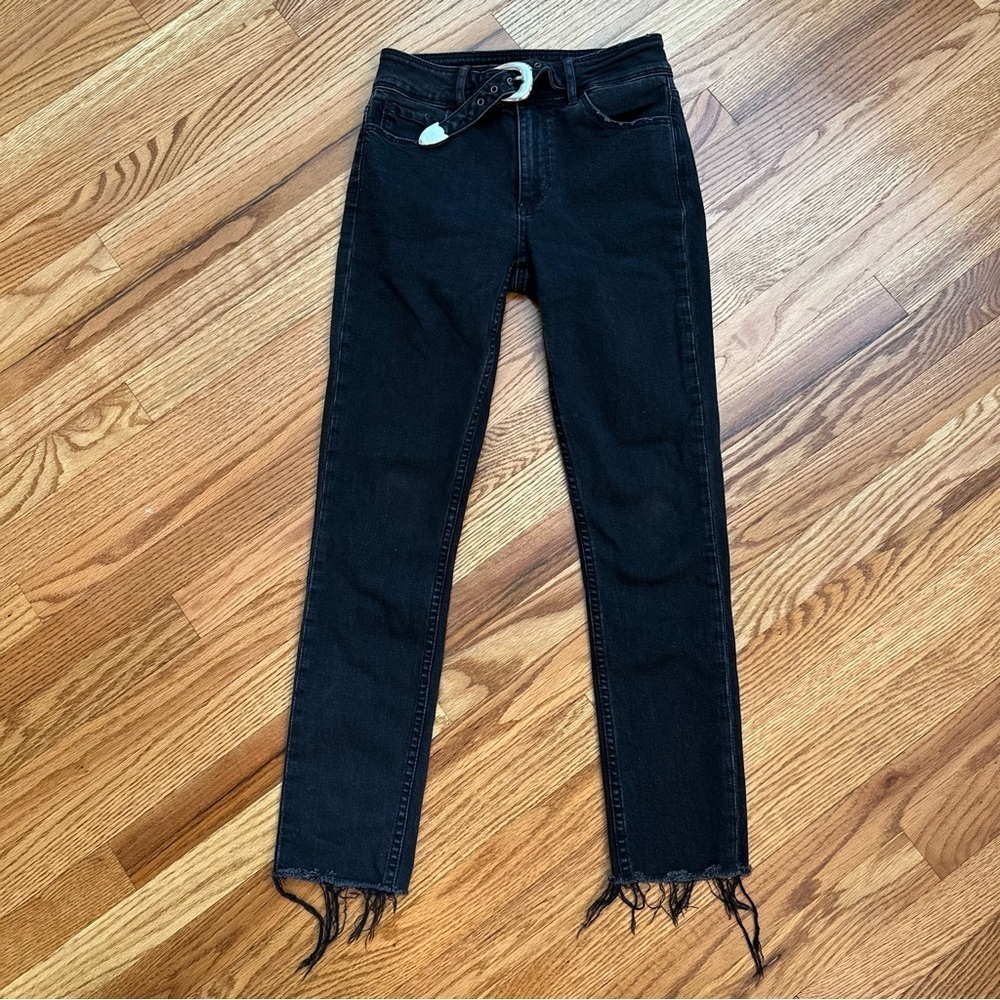 PAIGE Hoxton Ankle Peg Silver Buckle Black Raw Hem Jeans size 26